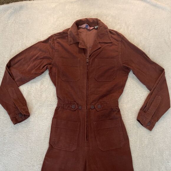 VTG Coverall Jumpsuit Womens M Corduroy Flare Wide Leg Groovy 70s Retro Brown - Picture 2 of 16